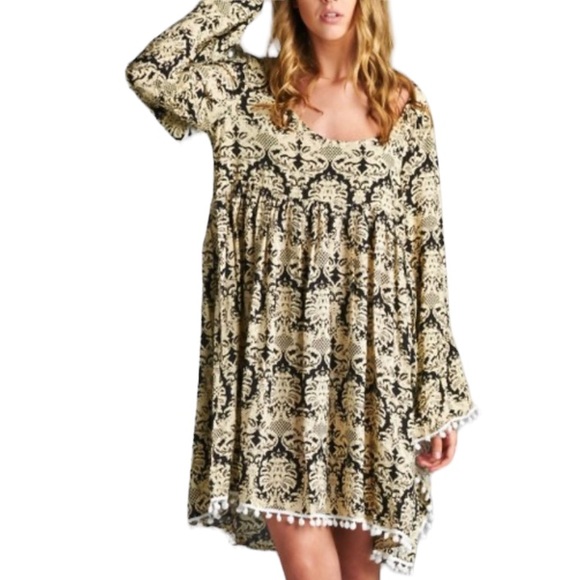 Velzera Black Damask Bell-Sleeve Bohemian Pattern Midi Dress Women’s Size L - Picture 2 of 16